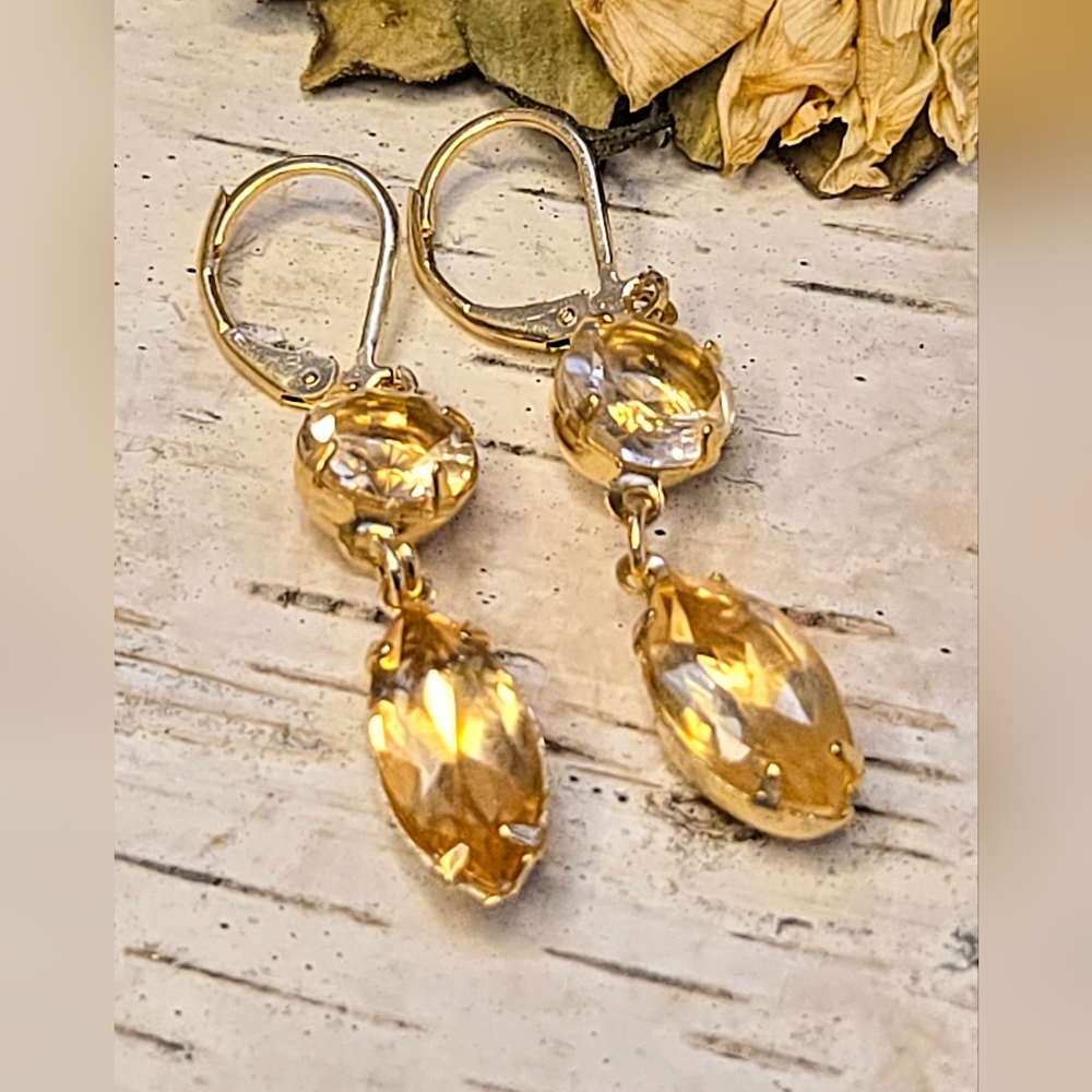 Natural Citrine 8.9 TCW Carats Marquise & Round In Gold Plated Drop Earrings